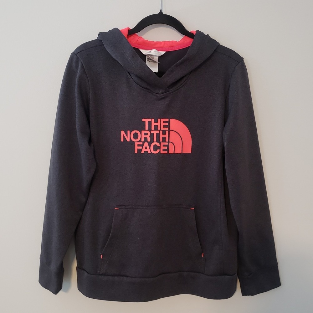 The North Face Womens Pullover Hoodie Sweatshirt LARGE Logo Outdoor Gray Red